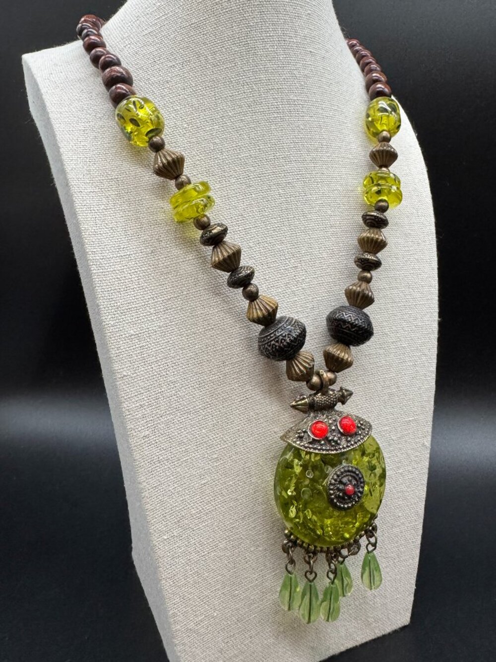 Statement Boho Beaded Necklace Bronze Tone, Brown and Green Beads 28 inches